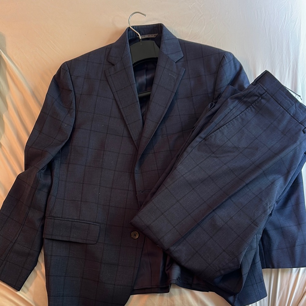 Elegant Dark Blue Checkered Suit